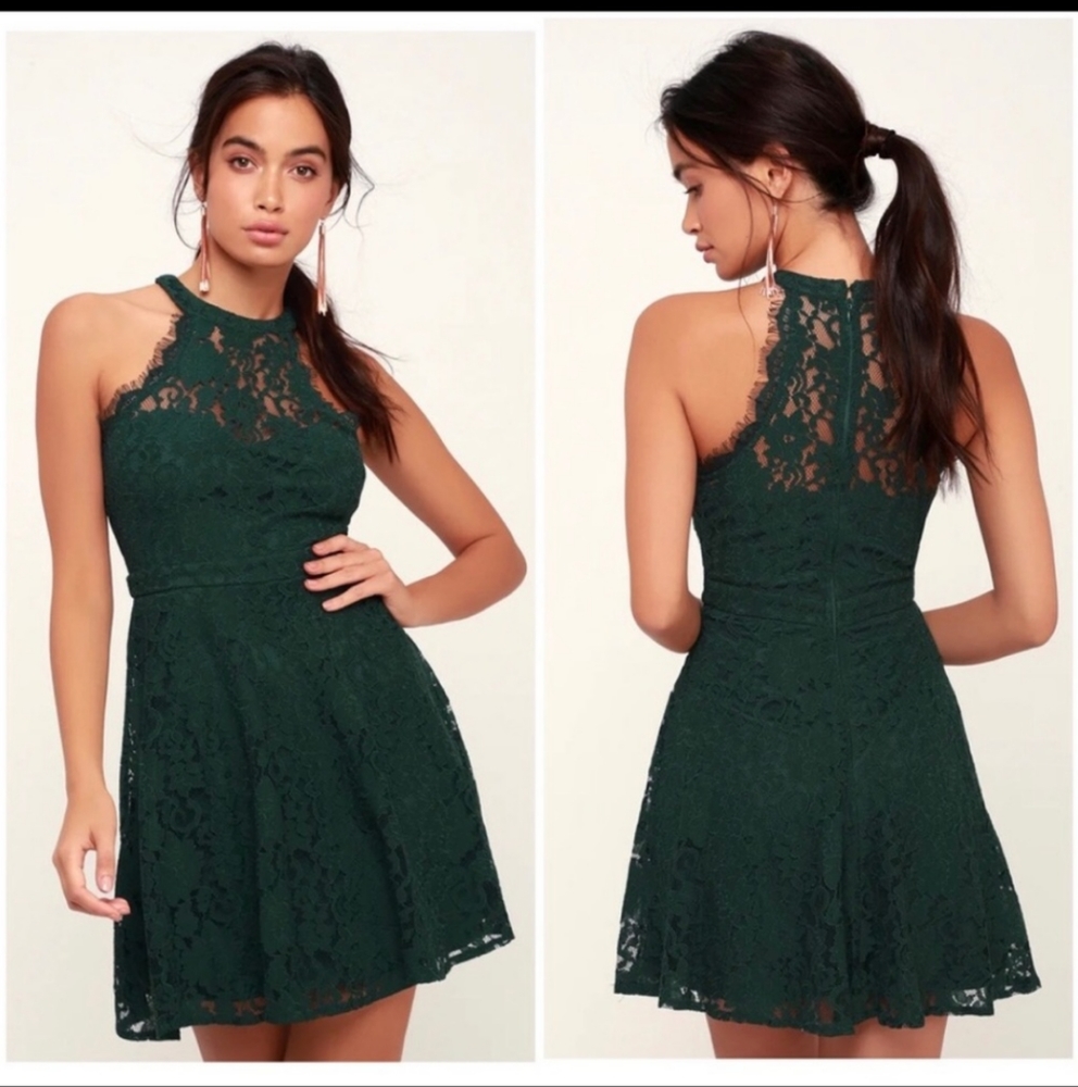 Lulu's Forest Green Lace High Neck Dress